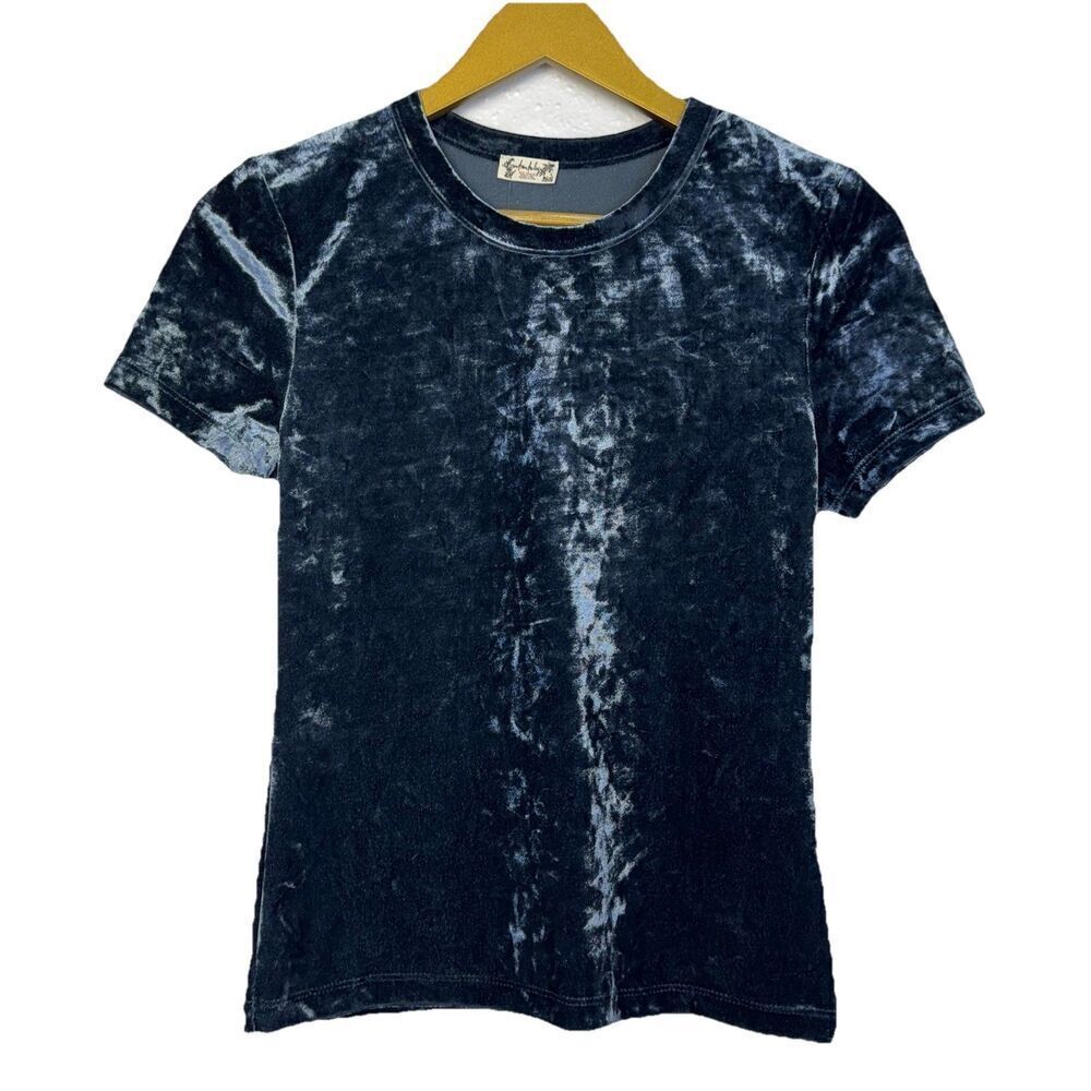 Free People Intimately Crushed Velvet Baby Tee Size M Blue Cropped Grunge Y2K